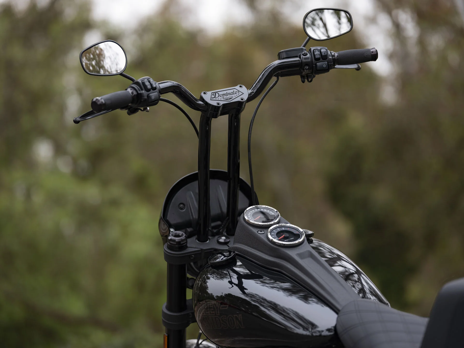 Dominator Pullback Riser & 1 1/4" Mid Bend Moto Bar Combination All In One Kit for 2020-2021 Low Rider S (Gloss Black) - Image 13